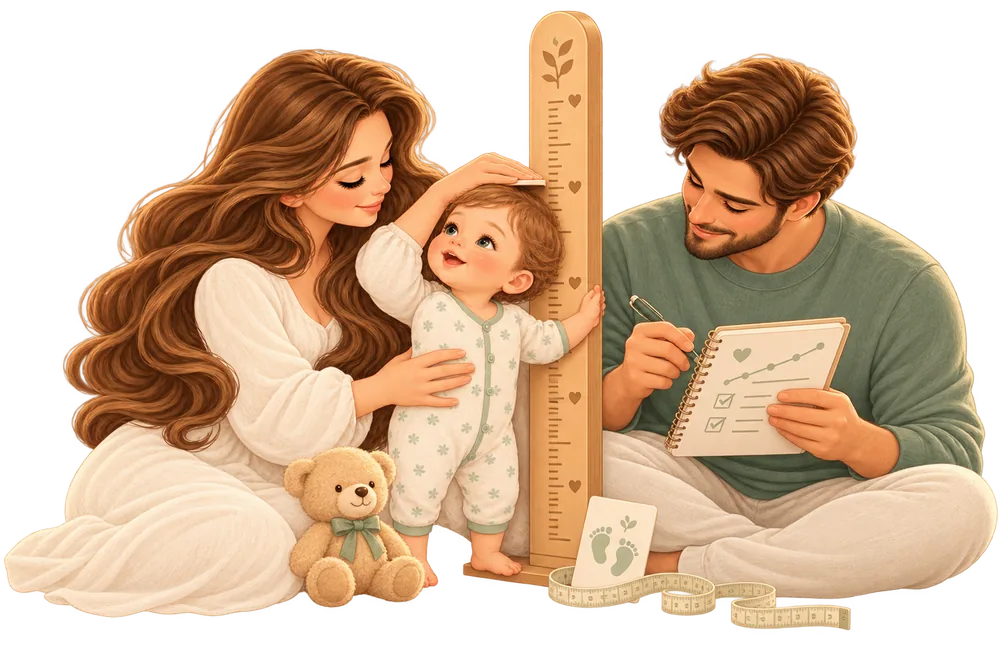 A mother measures her baby against a height chart while the father writes it down.