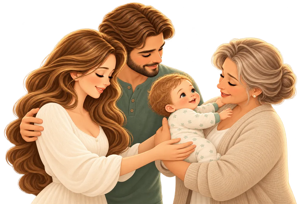 Parents hand their baby to a grandmother for the evening.