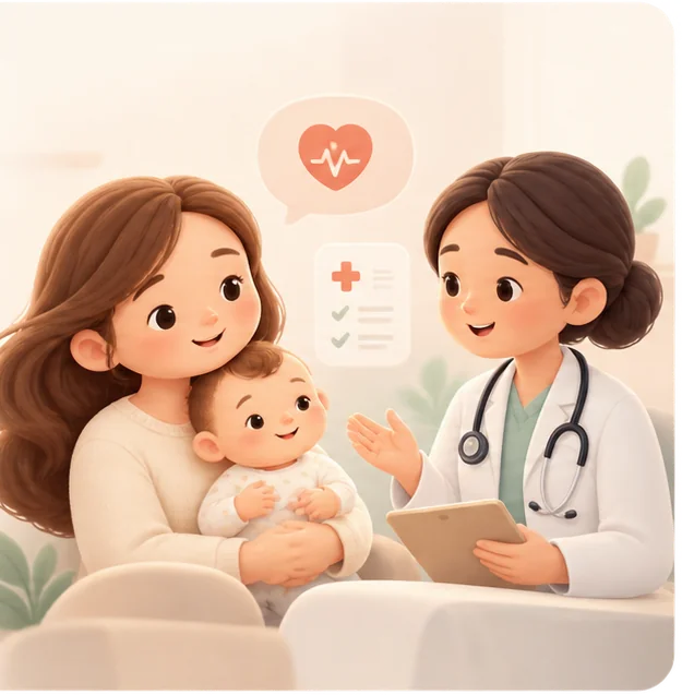 A parent holds their baby while a clinician talks with them calmly, beside a heart and a checklist.