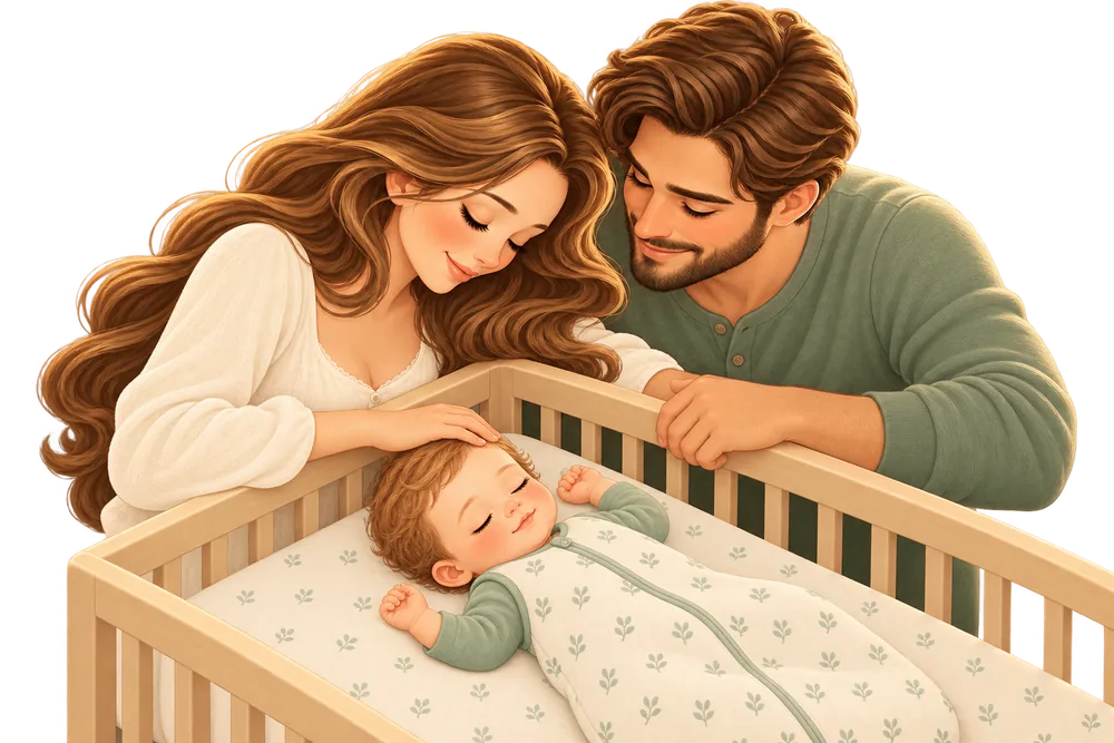 Parents watch their baby sleep on their back in a crib, in a sleep sack, with no loose bedding.