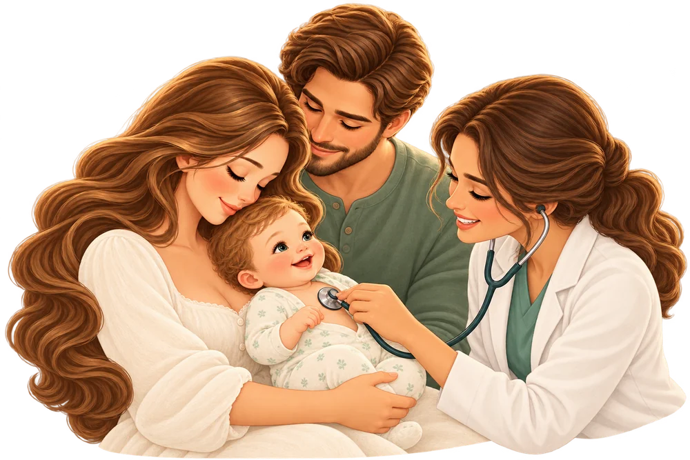 A clinician gently listens to a smiling baby’s chest with a stethoscope while the parents hold them.