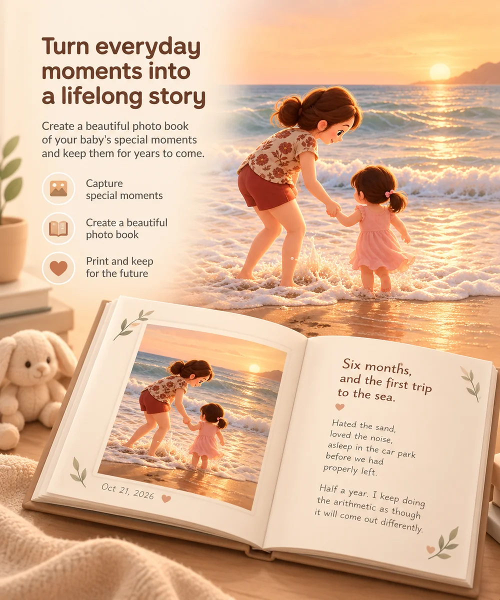 “Turn everyday moments into a lifelong story.” A parent and toddler play in the waves at sunset, and below, an open photo book holds that beach photo, dated October 21, 2026, beside a handwritten page about a first trip to the sea.
