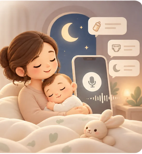 A parent dozes in bed holding a sleeping baby, next to a phone showing a microphone, under a night window.