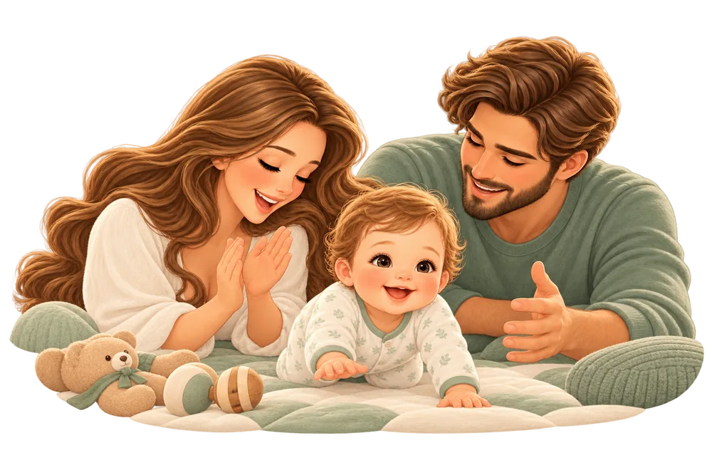 Parents cheer as their baby plays on a mat during tummy time.