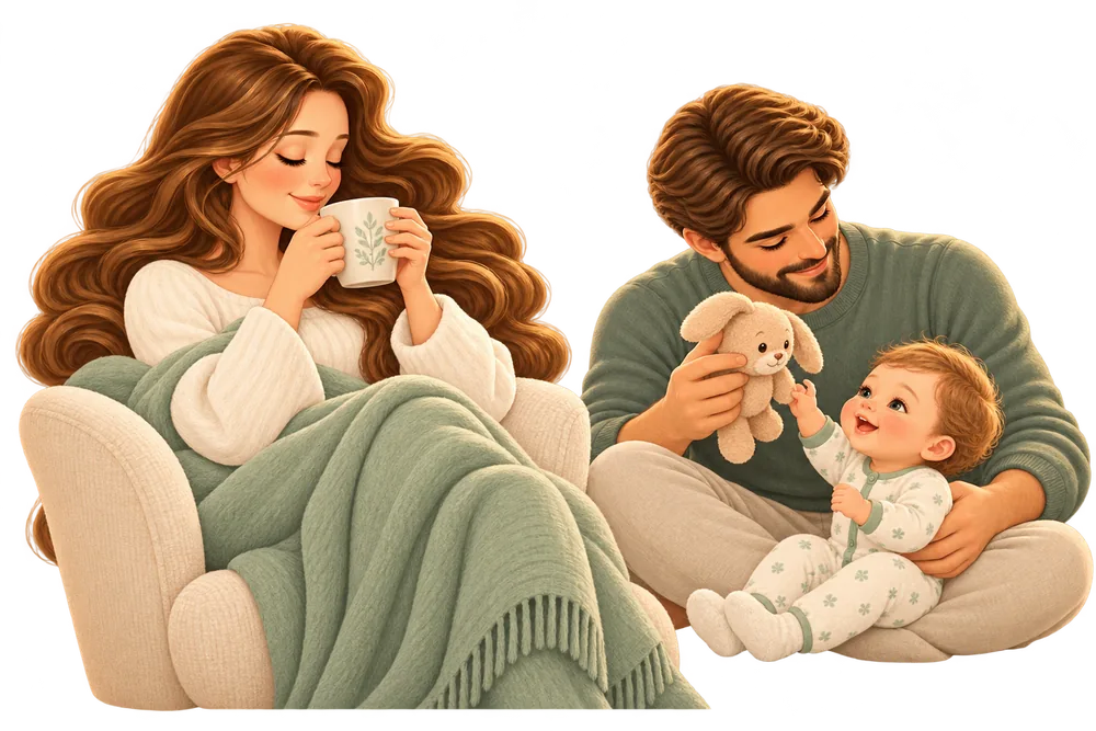 A mother rests with a warm drink under a blanket while the father plays with the baby.