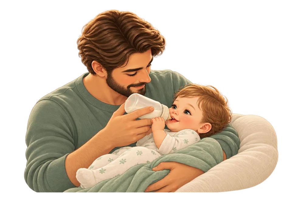 A father feeds his baby a bottle.