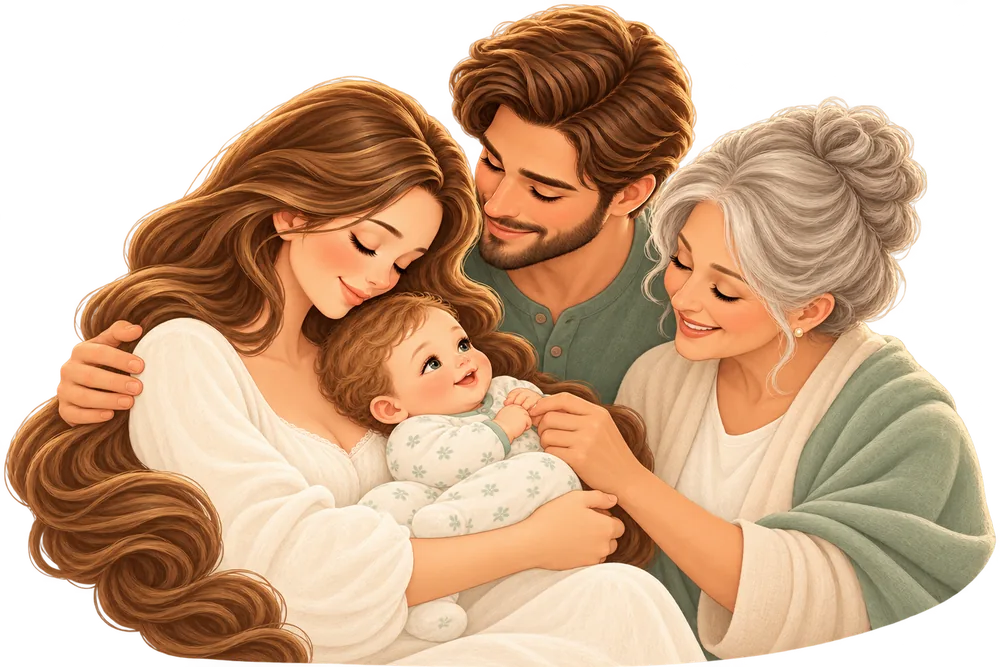 A mother, father and grandmother gather around the baby together.
