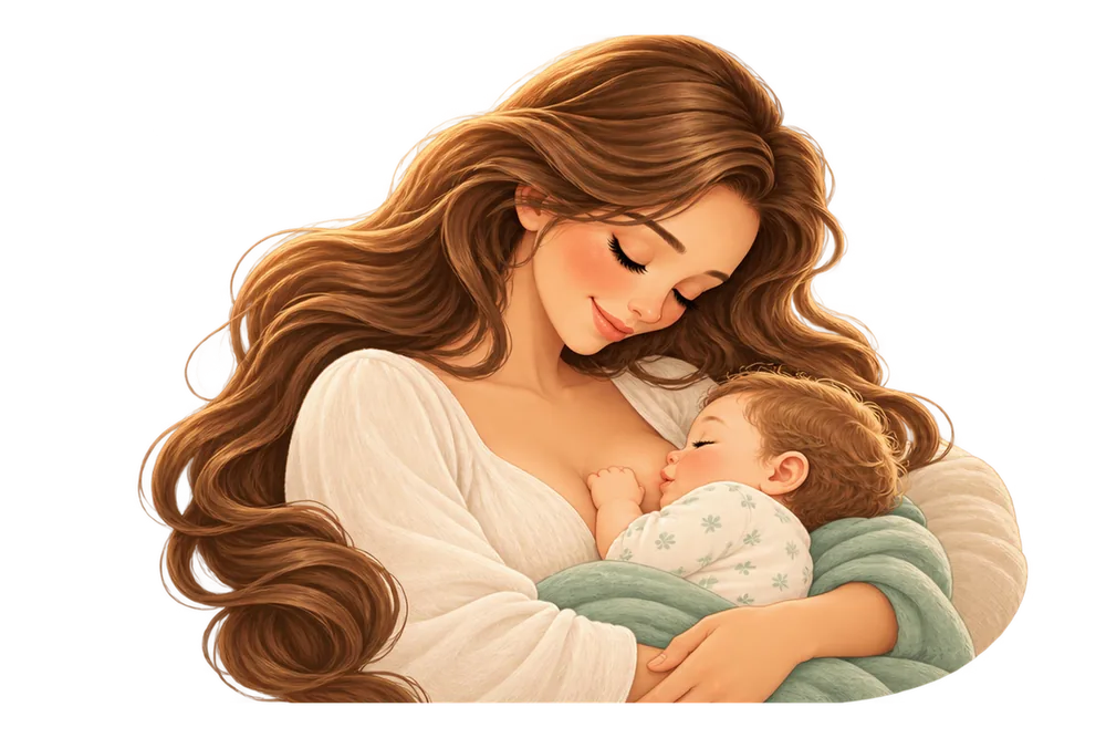 A mother breastfeeds her baby, wrapped in a soft green blanket.