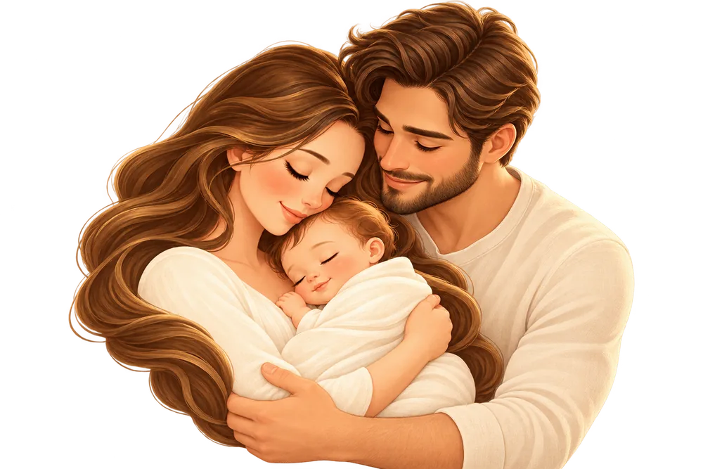 A mother and father hold their sleeping newborn close.